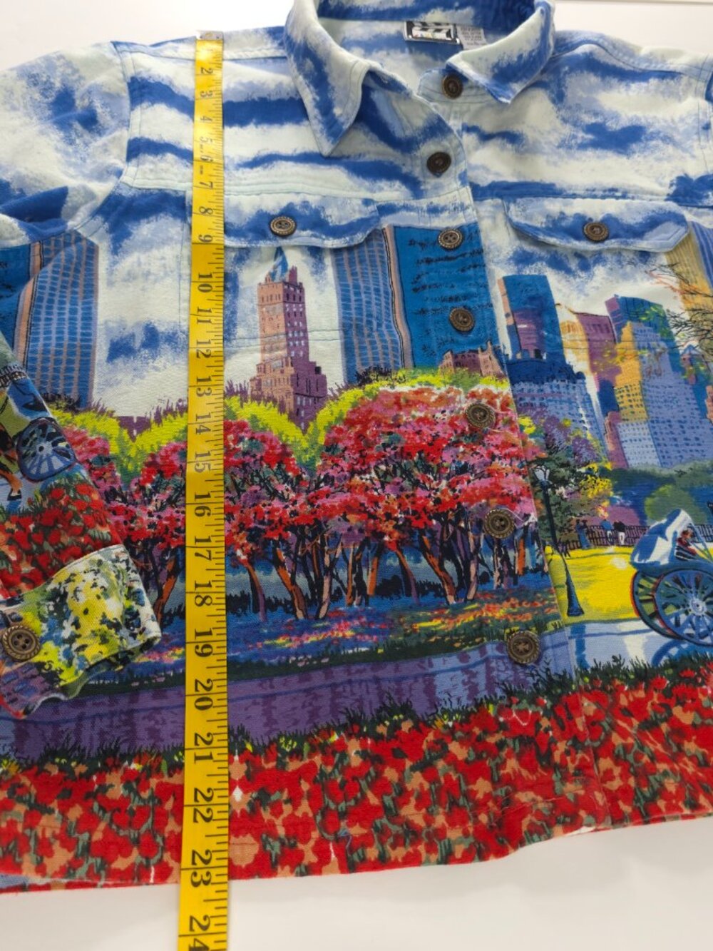 TAKE TWO Colorful Cityscape Denim Jacket WOMENS SIZE LARGE W/POCKETS 100% COTTON - Picture 13 of 16